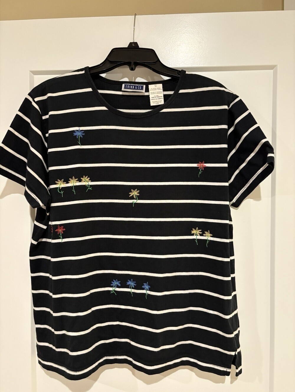 Erika & Co Women’s Large Black White Striped Floral Embroidered T-Shirt Top